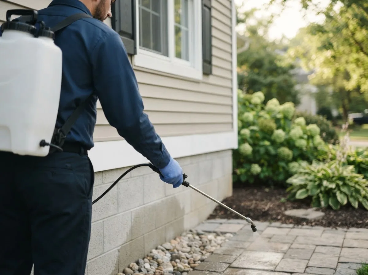 Pest control technician inspecting a home in Unadilla, NE